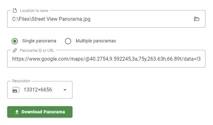Street View Download 360 panorama download field with a path to save, URL and resolution